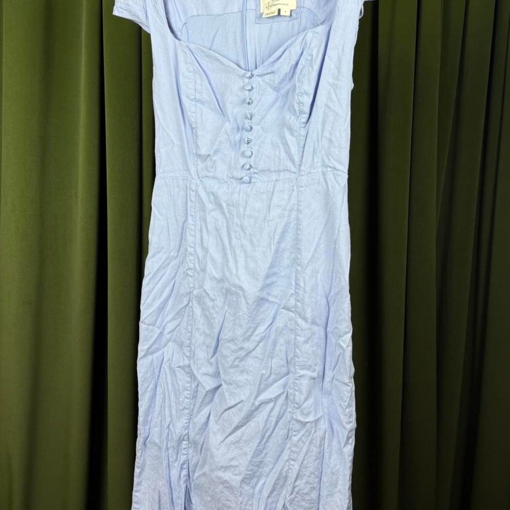 Anthropologie Blue White Striped Midi Dress Button Front Cap Sleeve Preppy Sz S